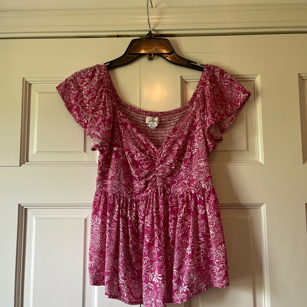 Japna Pink Flutter Sleeve Ruched Blouse